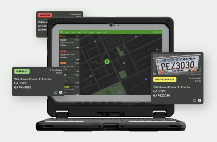 Flock Safety Drone as First Responder interface showing live alerts and license plate recognition