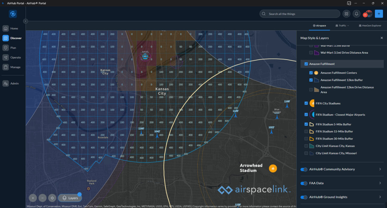 Kansas City Airspace Link map with Arrowhead Stadium.