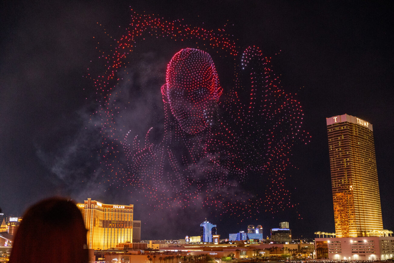 The Vecna Drone Show for Stranger Things flies over Las Vegas on Dec. 28, 2025, in a show flown by Sky Elements. (Courtesy Sky Elements and Acronym)