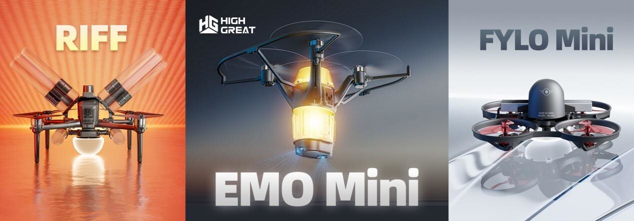High Great Innovation's three flagship drones: EMO Mini, Fylo Mini, and RIFF.